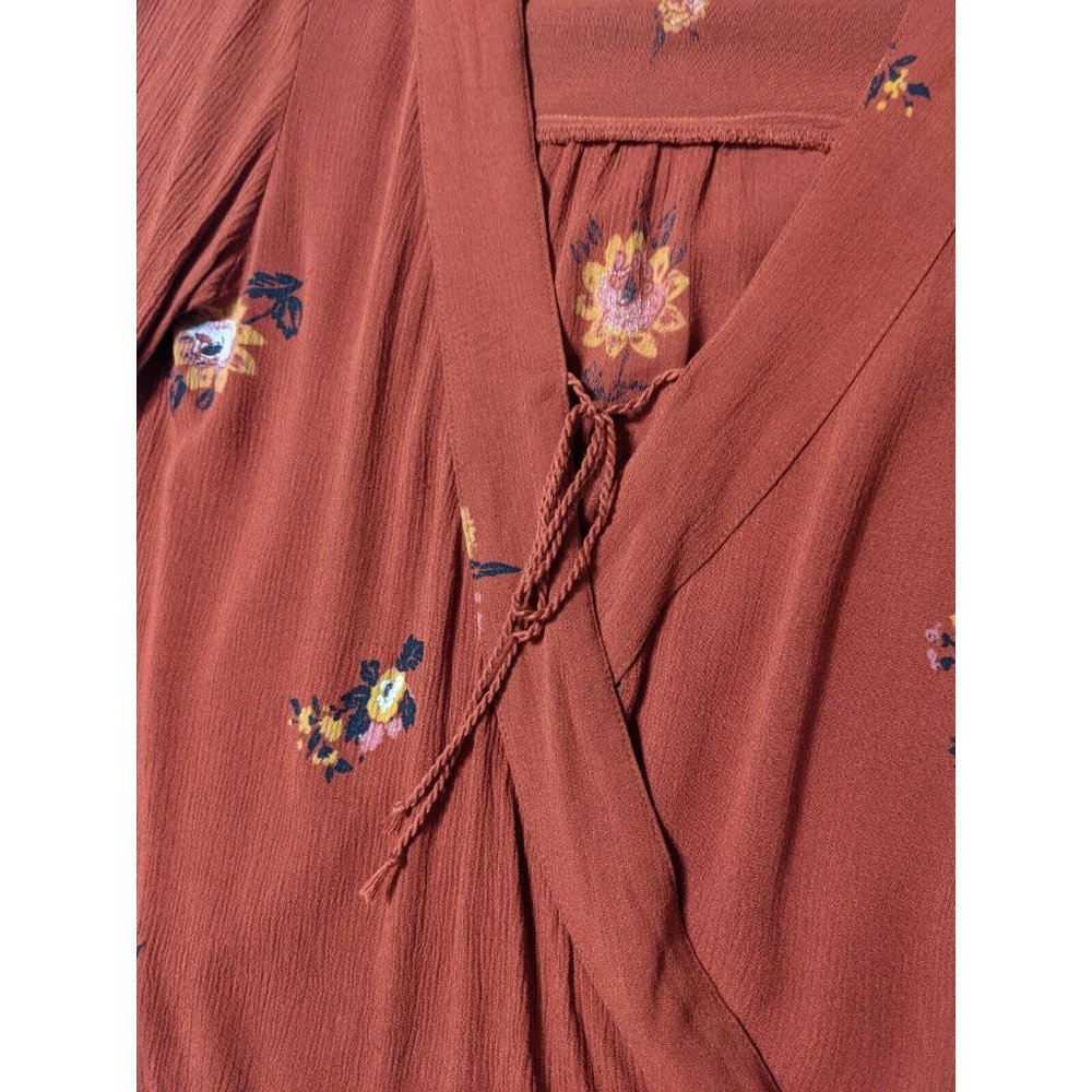 🍑MOSSIMO Bohemian Style 100% Rayon Women Floral Surplice Burnt Orange X-SMALL - Picture 3 of 12